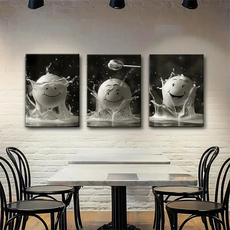 3pcs Smiling Milk Splash Whimsical Perfect Wall Art Set Canvas Framed 40x60cm - High Quality Print 100% Australian Made Wall Canvas Ready to Hang