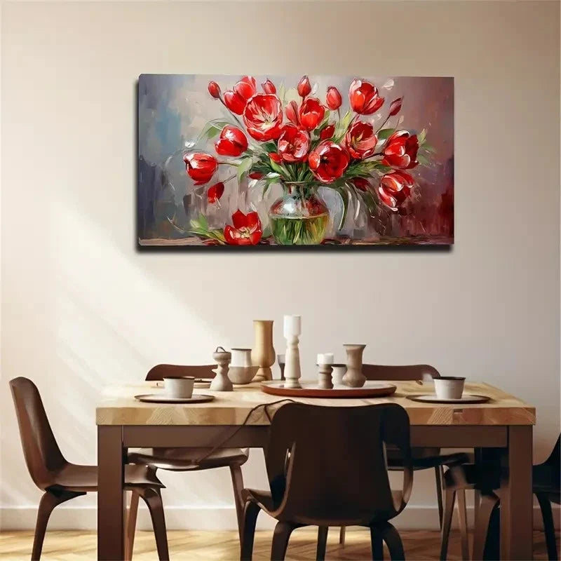 Deep Red Tulips Bohemian Wall Art Canvas Office Home Room Framed 80x45cm
