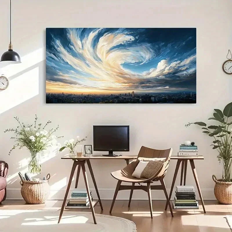 Modern Swirl Cityscape Sunset Wall Art Canvas Office Home Room Framed 120x60cm