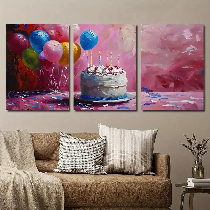 3pcs Birthday Cake and Balloon Wall Art Set Canvas Framed 40x60cm - High Quality Print 100% Australian Made Wall Canvas Ready to Hang