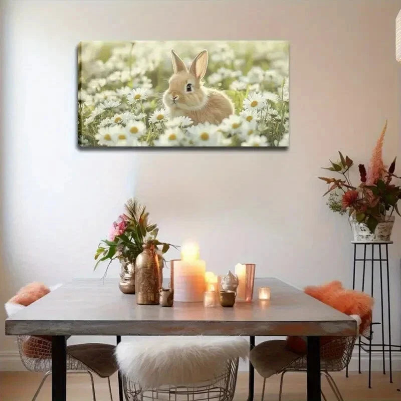 Charming Bunny & Daisy Field Wall Art Canvas Office Home Room Framed 120x60cm