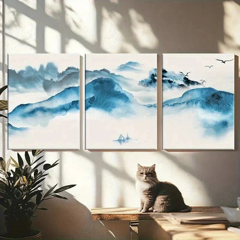 3pcs Stunning Blue Mountain Landscape with Birds Wall Art Set Canvas Framed 40x60cm - High Quality Print 100% Australian Made Wall Canvas Ready to Hang