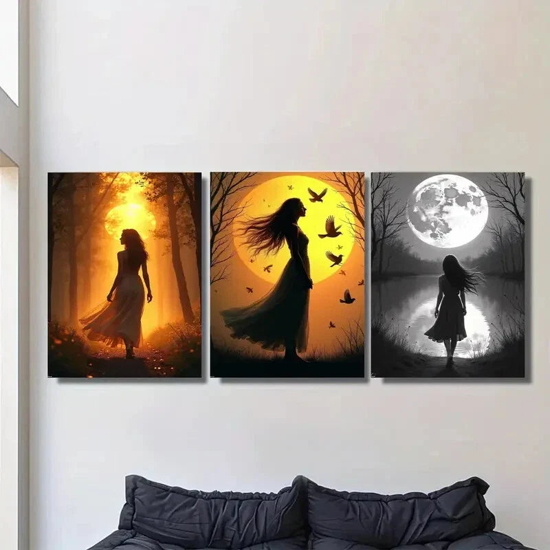 3pcs Sunset Moonlight & Silhouette Classic Modern Metal Print Ready to Hang Art