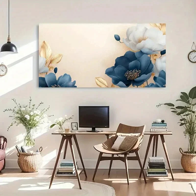 Blue Floral Leaves Botanical Wall Art Canvas Office Home Room Framed 120x60cm