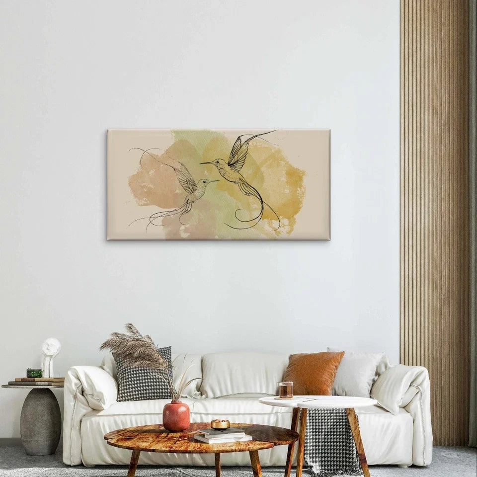 Hummingbirds and Watercolour Neutral Wall Art Canvas Office Home Framed 120x60cm