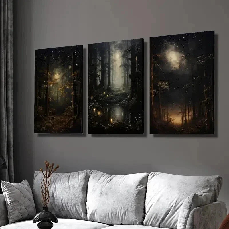 3pcs Gothic Night Sky & Mysterious Woodland Wall Art Set Canvas Framed 40x60cm - High Quality Print 100% Australian Made Wall Canvas Ready to Hang