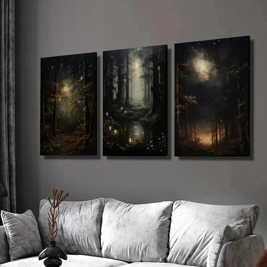 3pcs Gothic Night Sky & Mysterious Woodland Wall Art Set Canvas Framed 40x60cm - High Quality Print 100% Australian Made Wall Canvas Ready to Hang