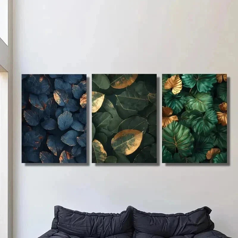 3pcs Jungle & Green Leaves with Golden Accents Wall Art Set Canvas Framed 40x60cm - High Quality Print 100% Australian Made Wall Canvas Ready to Hang