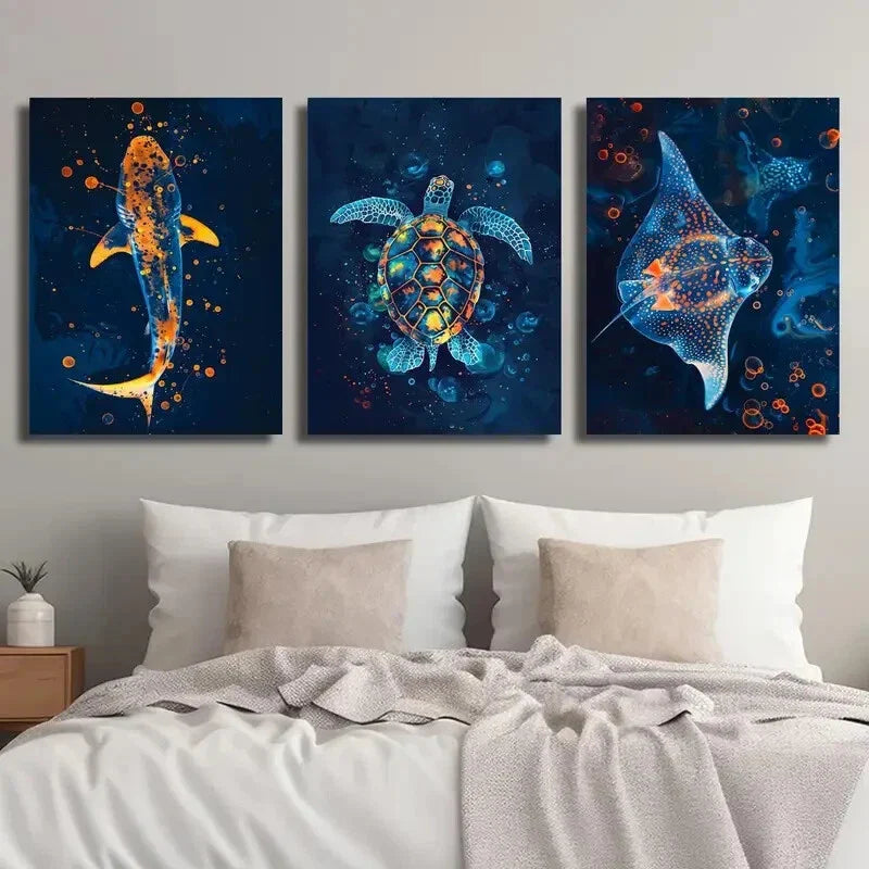 3pcs Colorful Shark Turtle and Stingray Wall Art Set Canvas Framed 40x60cm - High Quality Print 100% Australian Made Wall Canvas Ready to Hang