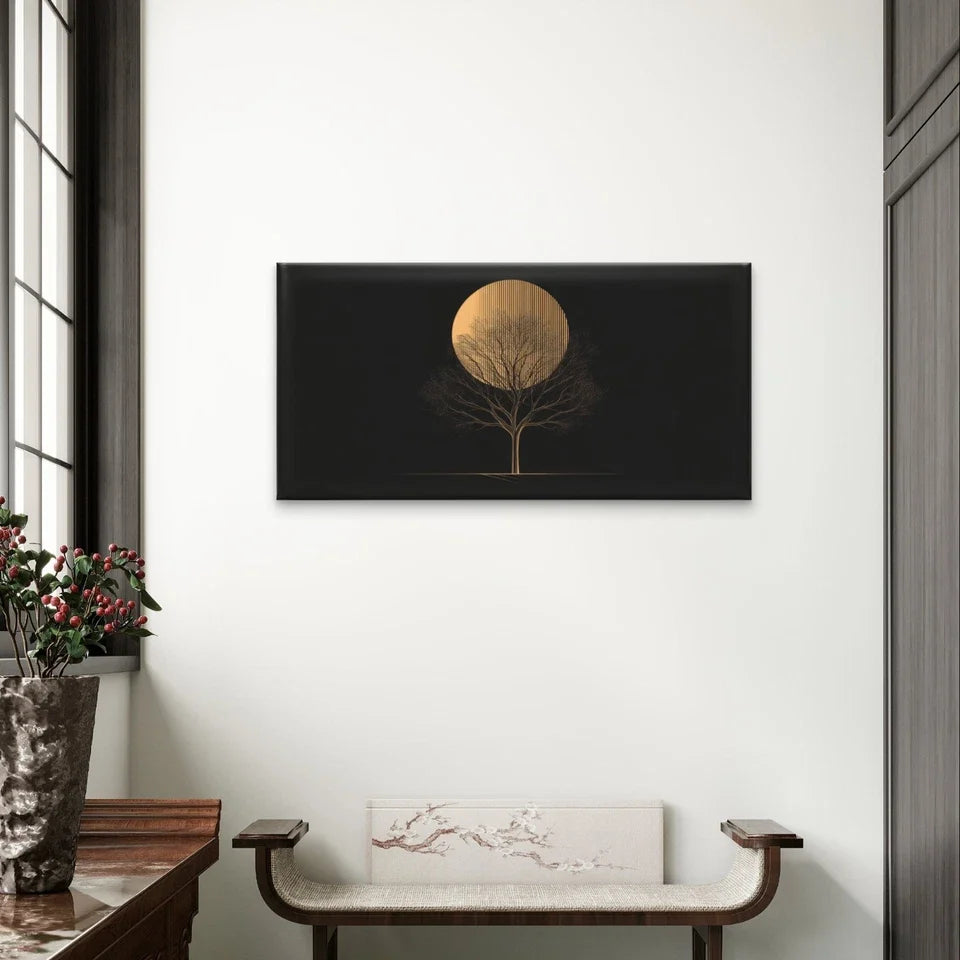 Golden Tree Silhouette Abstract Sun Wall Art Canvas Office Home Framed 80x45cm
