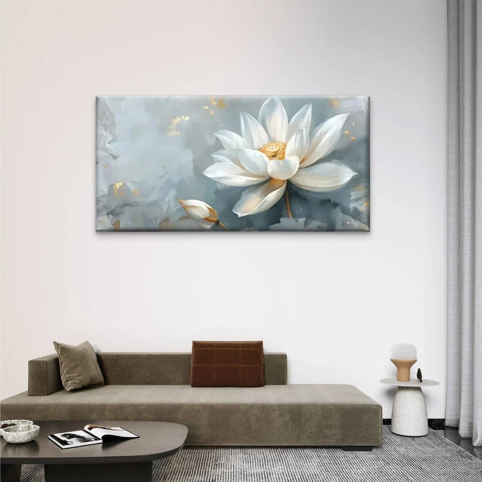 Modern White Lotus Flower Grey Wall Art Canvas Office Home Room Framed 120x60cm