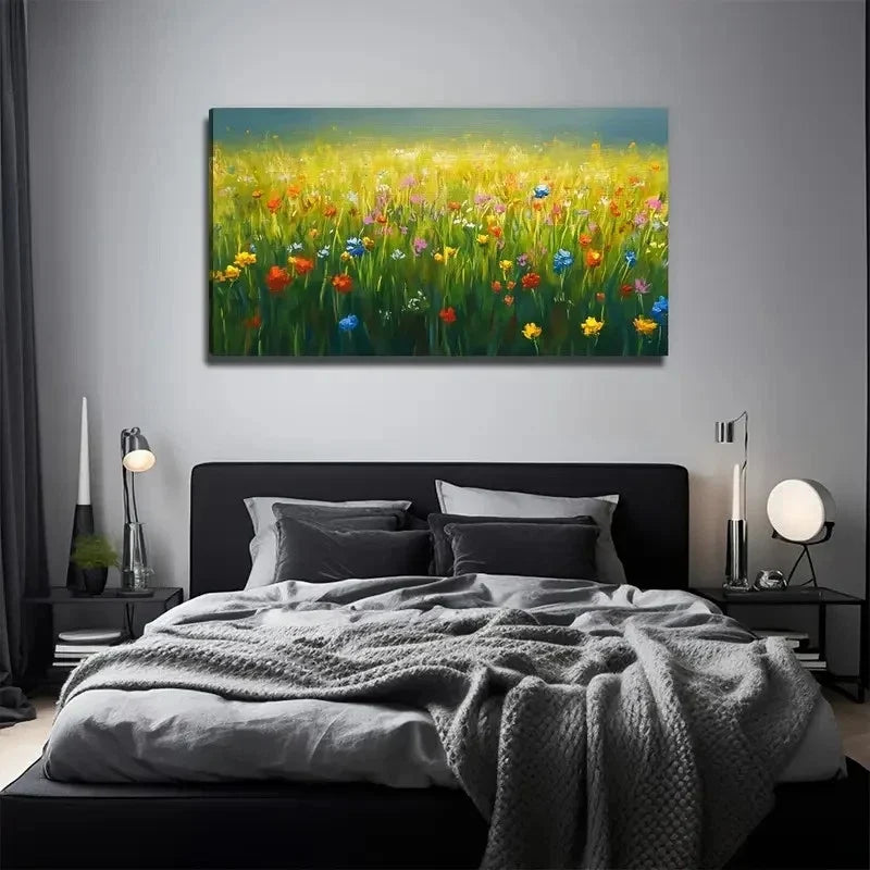 Grass Colorful Flowers Nature Wall Art Canvas Office Home Room Framed 80x45cm