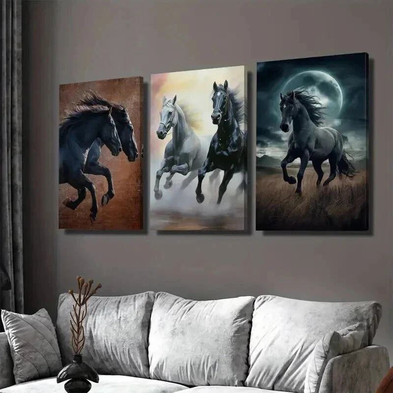 3pcs Galloping Horses Modern Black Wall Art Set Canvas Framed 40x60cm - High Quality Print 100% Australian Made Wall Canvas Ready to Hang
