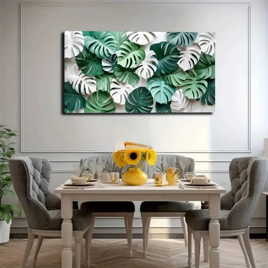 Green And White Leaf Design Wall Art Canvas Office Home Room Framed 120x60cm