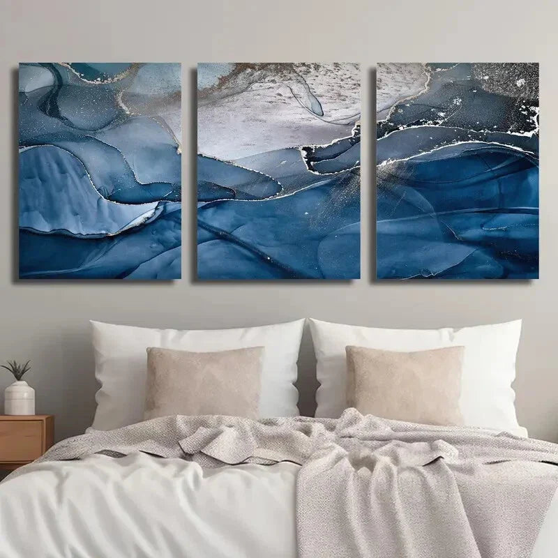 3pcs Abstract Blue and Golden Marble Texture Wall Art Set Canvas Framed 40x60cm - High Quality Print 100% Australian Made Wall Canvas Ready to Hang