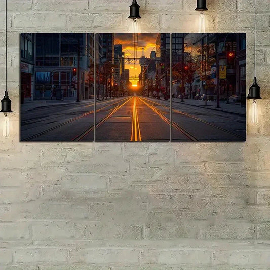 3pcs Symmetrical City Streets with Train Tracks Metal Print Ready to Hang Art