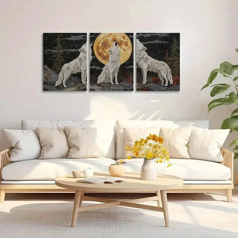 3pcs Wolf Howling at the Moon White Wolves Metal Print Ready to Hang Art