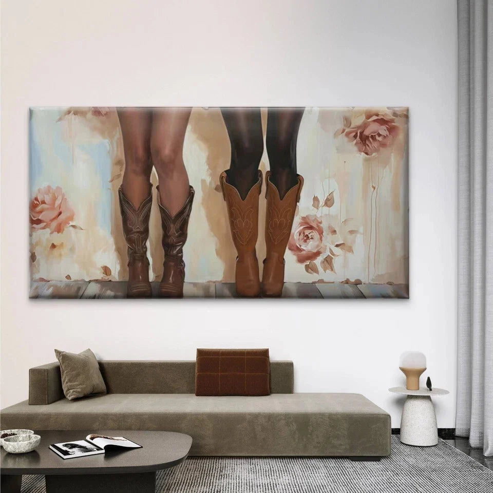 Cowgirl Boots & Western Floral Wall Art Canvas Office Home Room Framed 80x45cm
