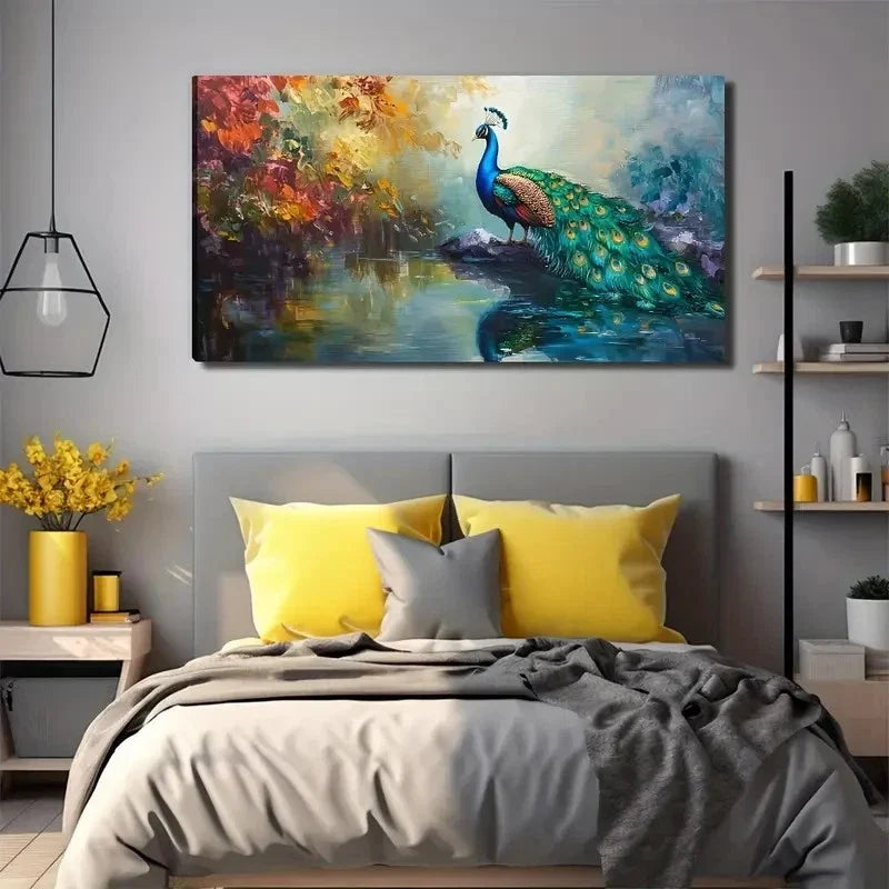 Vibrant Blue & Green Feathers Wall Art Canvas Office Home Room Framed 120x60cm