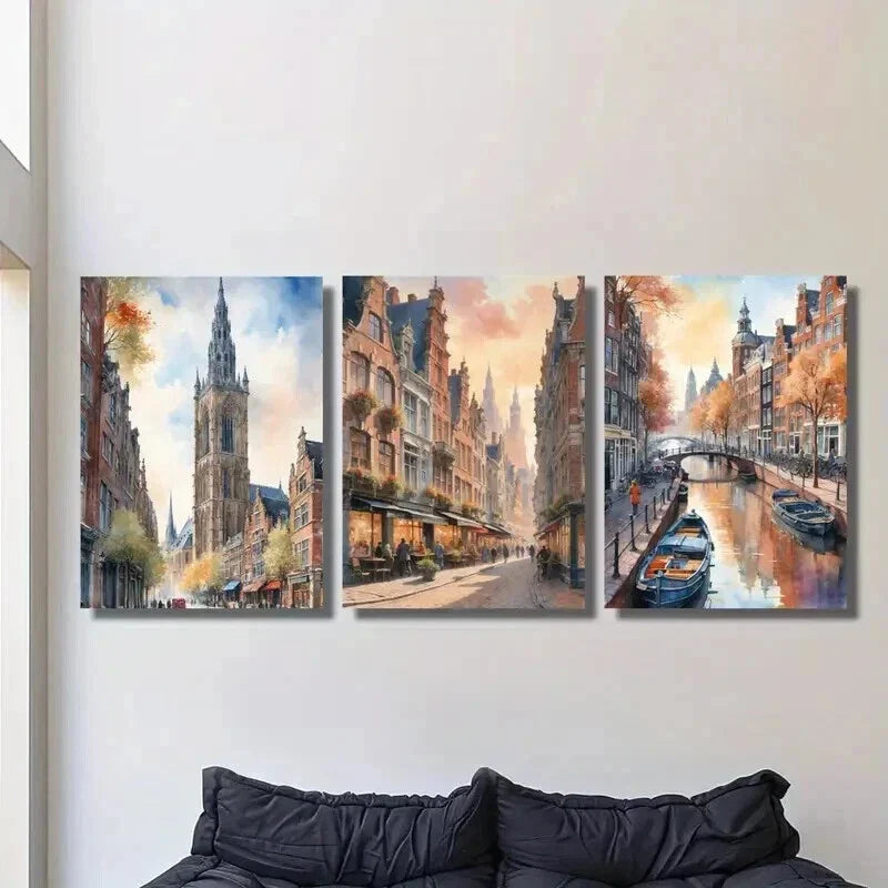 3pcs Autumn Streets of Amsterdam Landscape Wall Art Set Canvas Framed 40x60cm - High Quality Print 100% Australian Made Wall Canvas Ready to Hang