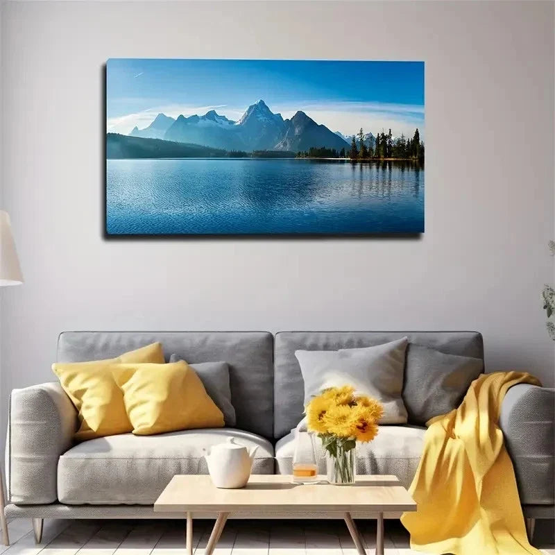Serene Mountain Lake Wall Art Canvas Office Home Room Framed 80x45cm