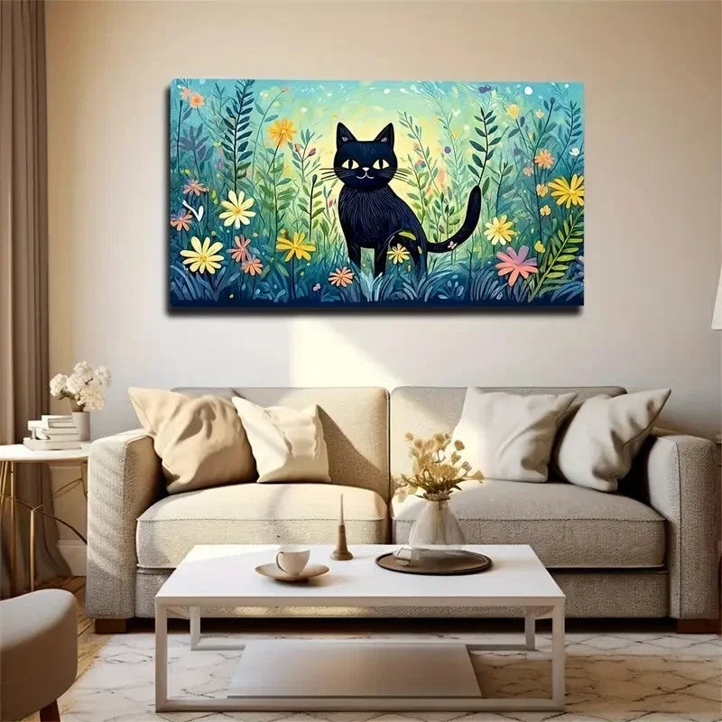 Deco Lively Black Cat Modern Wall Art Canvas Office Home Room Framed 120x60cm