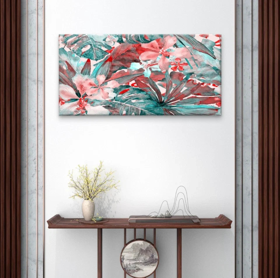 Tropical Floral and Palm Leaves Wall Art Canvas Office Home Framed 120x60cm