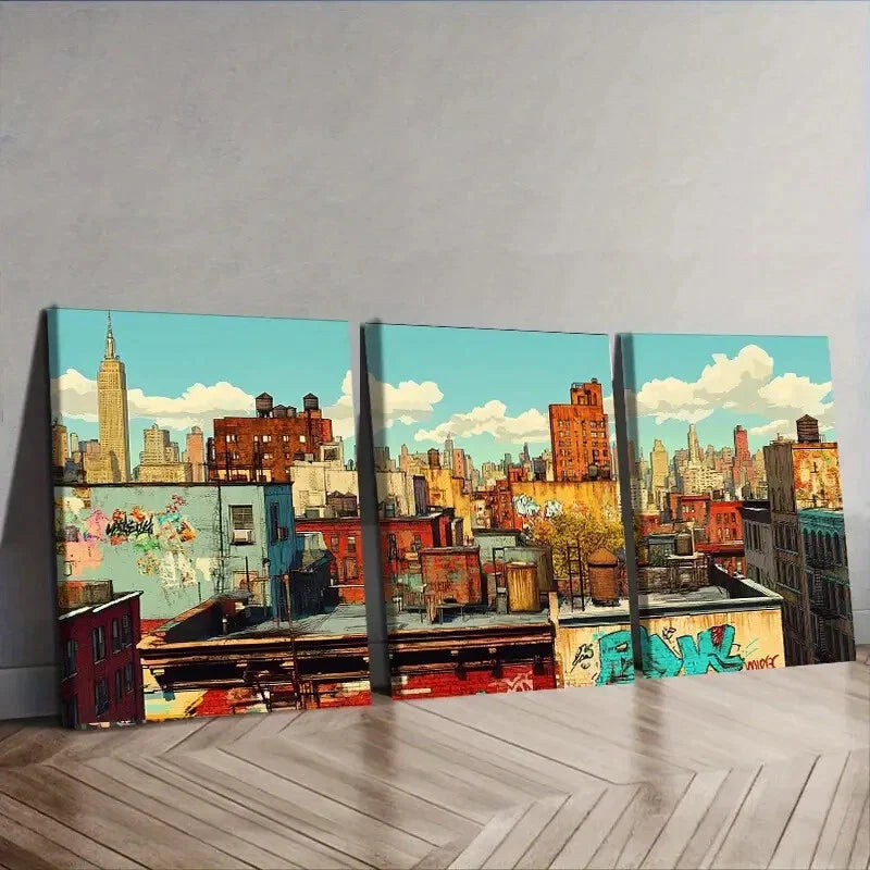 3pcs Urban New York Cityscape Colorful Perfect Wall Art Set Canvas Framed 40x60cm - High Quality Print 100% Australian Made Wall Canvas Ready to Hang