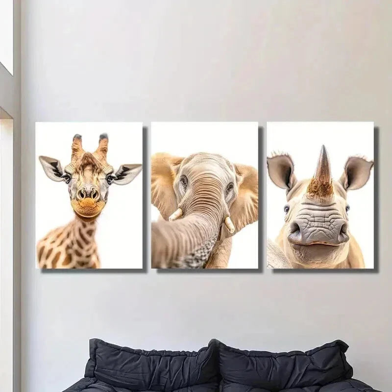 3pcs Curious Giraffe Elephant & Rhino Wall Art Set Canvas Framed 40x60cm - High Quality Print 100% Australian Made Wall Canvas Ready to Hang