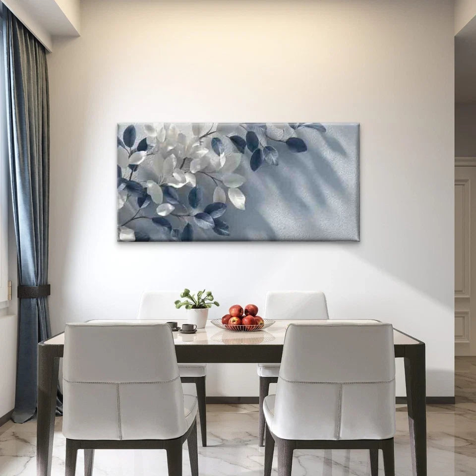 Blue White Leaves Wall Art Canvas Office Home Room Framed 120x60cm