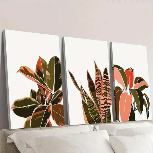 3pcs Tropical Natural Pink & Green Leaves Wall Art Set Canvas Framed 40x60cm - High Quality Print 100% Australian Made Wall Canvas Ready to Hang