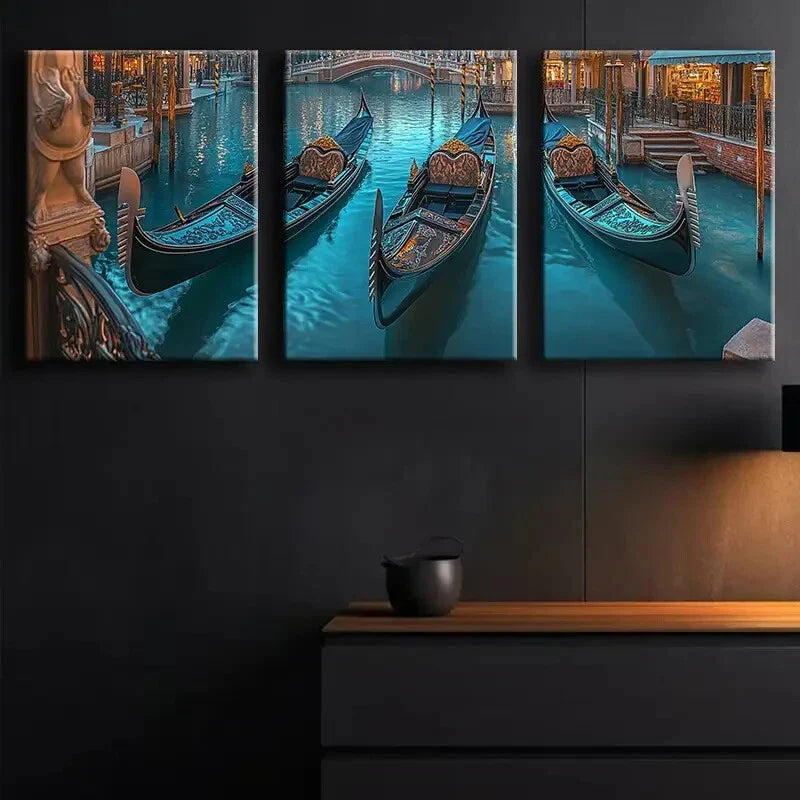 3pcs Venetian Canal Gondolas Dark Blue Perfect Vibes Wall Art Set Canvas Framed 40x60cm - High Quality Print 100% Australian Made Wall Canvas Ready to Hang