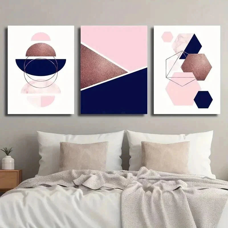 3pcs Geometric Navy & Pink Abstract Designs Wall Art Set Canvas Framed 40x60cm - High Quality Print 100% Australian Made Wall Canvas Ready to Hang