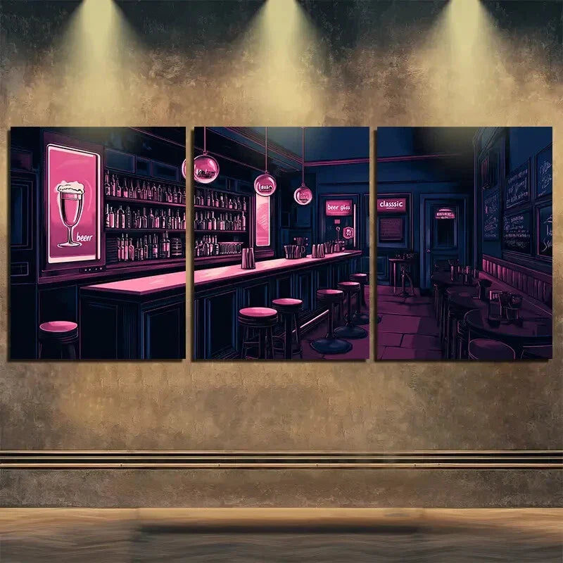 3pcs Colorful Bar Drink Dark Pink Night Perfect Wall Art Set Canvas Framed 40x60cm - High Quality Print 100% Australian Made Wall Canvas Ready to Hang