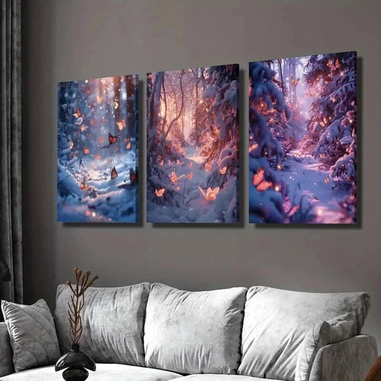 3pcs Glittering Winter Butterfly Snow Forest Wall Art Set Canvas Framed 40x60cm - High Quality Print 100% Australian Made Wall Canvas Ready to Hang