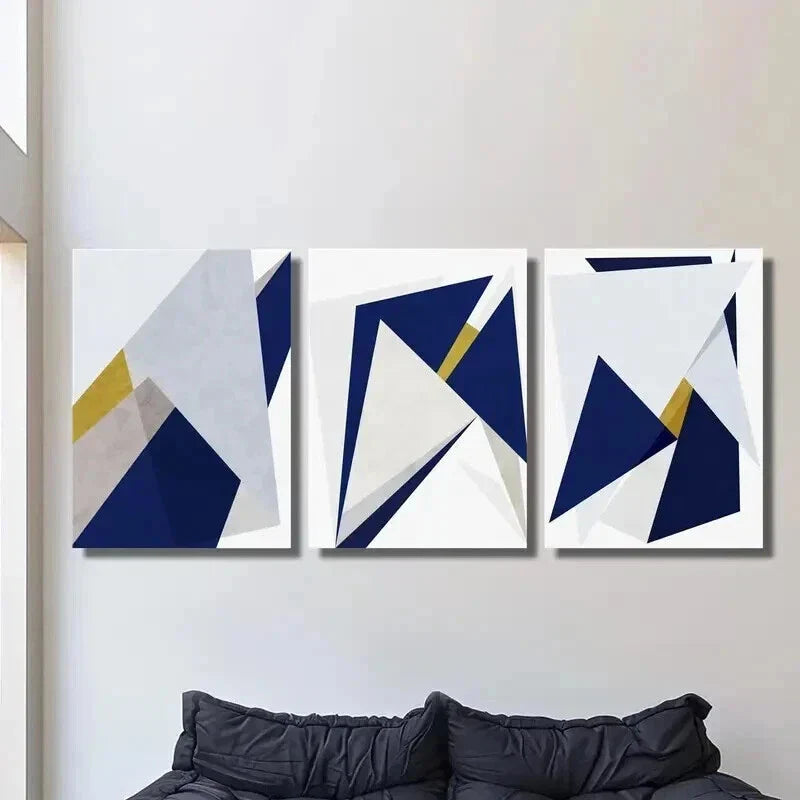 3pcs Geometric Golden and Blue Triangle Design Wall Art Set Canvas Framed 40x60cm - High Quality Print 100% Australian Made Wall Canvas Ready to Hang