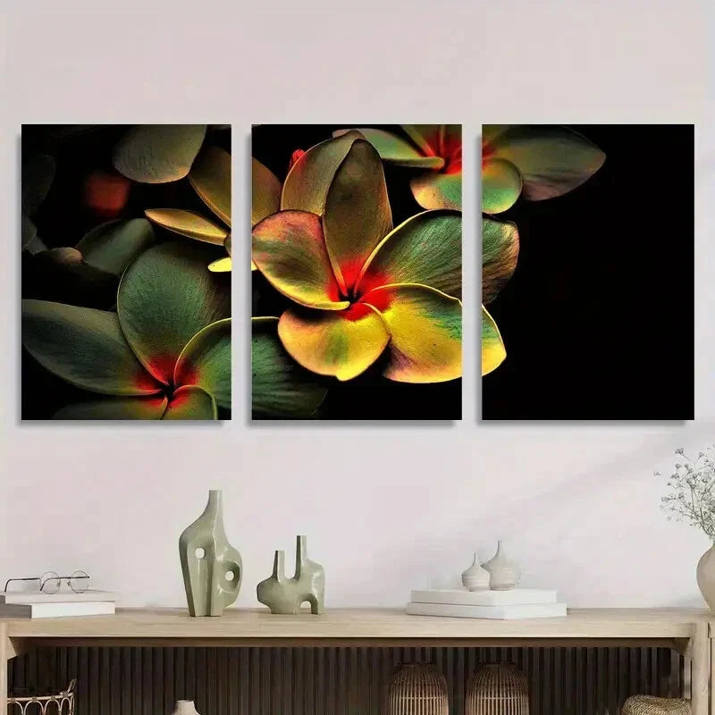 3pcs Vibrant Plumeria Flower Black Background Metal Print Ready to Hang Art
