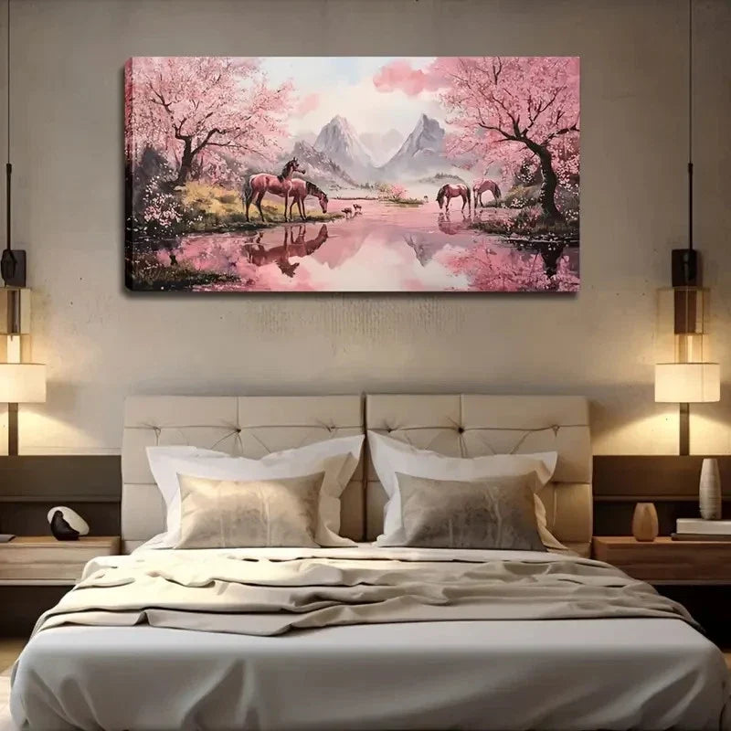 Cherry Blossom Trees & Horses Wall Art Canvas Office Home Room Framed 120x60cm