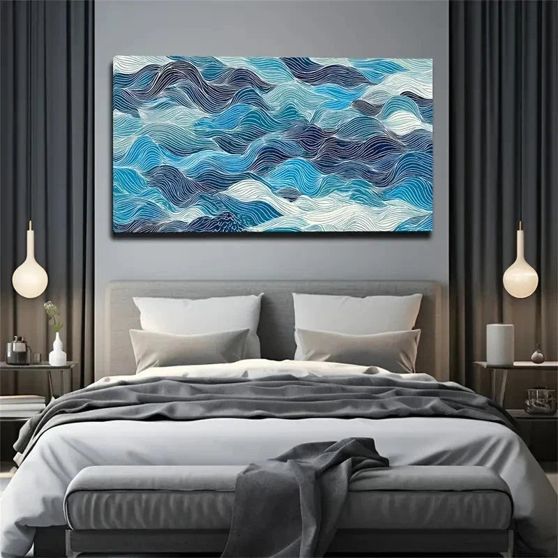 Navy Blue & Turquoise Seascape Wall Art Canvas Office Home Room Framed 80x45cm