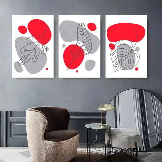 3pcs Red and Gray Leaf Line Art, Minimalist Geom Metal Print Ready to Hang Art