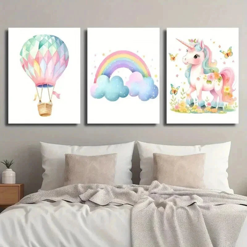 3pcs Cute Pink Unicorn Flowers And Butterflies Wall Art Set Canvas Framed 40x60cm - High Quality Print 100% Australian Made Wall Canvas Ready to Hang