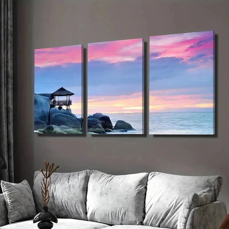 3pcs Coastal Sunset Beach Hut & Ocean Landscape Wall Art Set Canvas Framed 40x60cm - High Quality Print 100% Australian Made Wall Canvas Ready to Hang