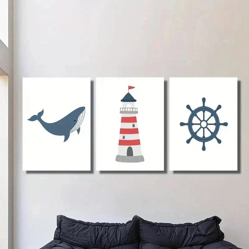3pcs Navy Red Lighthouse Ship Steering & Whale Wall Art Set Canvas Framed 40x60cm - High Quality Print 100% Australian Made Wall Canvas Ready to Hang