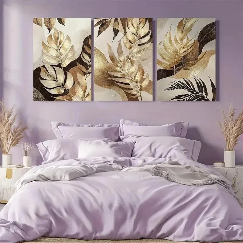 3pcs Golden Leaves with Abstract Patterns Wall Art Set Canvas Framed 40x60cm - High Quality Print 100% Australian Made Wall Canvas Ready to Hang