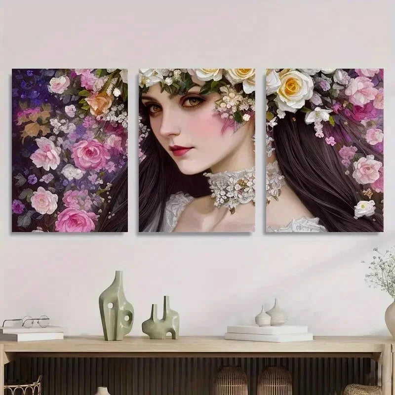 3pcs Elegant Floral Crowned Beauty Woman Metal Print Ready to Hang Art