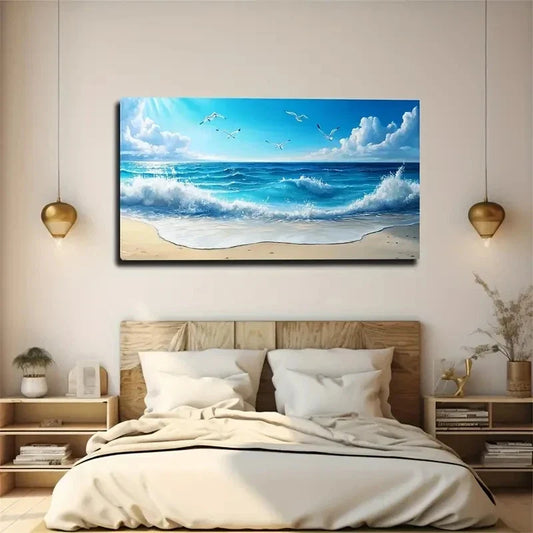 Serene Beach Scene Wall Art Canvas Office Home Room Framed 80x45cm
