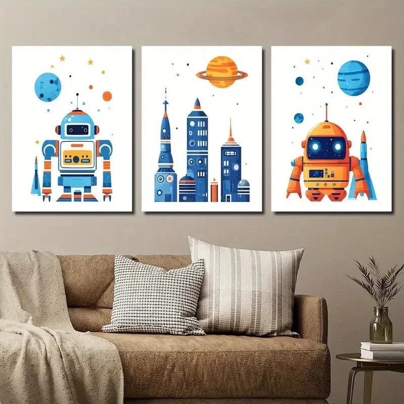 3pcs Cartoon Space Theme Wall Art Set Canvas Framed 40x60cm - High Quality Print 100% Australian Made Wall Canvas Ready to Hang
