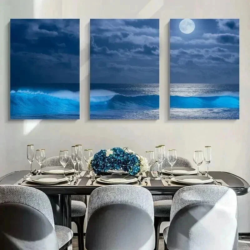 3pcs Glowing Ocean Waves & Moonlit Night Scene Wall Art Set Canvas Framed 40x60cm - High Quality Print 100% Australian Made Wall Canvas Ready to Hang