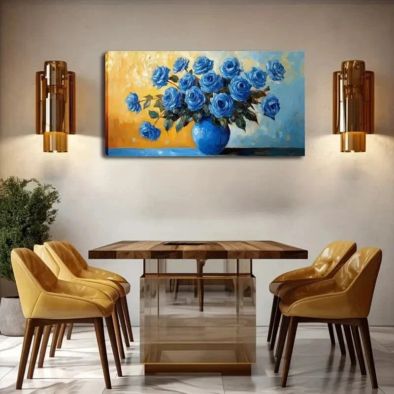 Vibrant Blue Roses In Vase Wall Art Canvas Office Home Room Framed 120x60cm