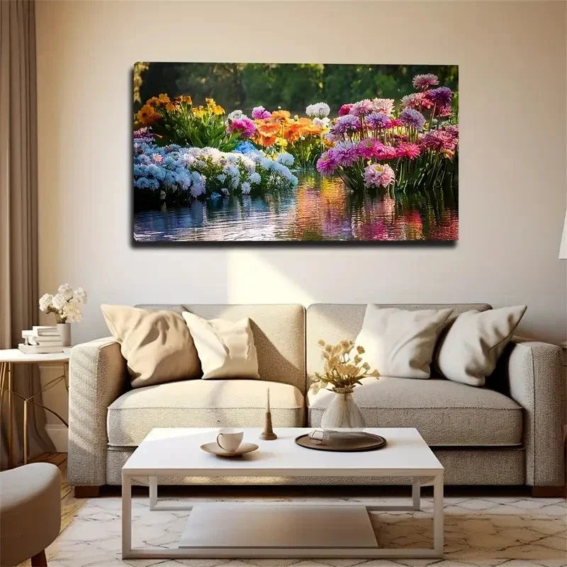 Flowers Blooming The Lake Wall Art Canvas Office Home Room Framed 80x45cm
